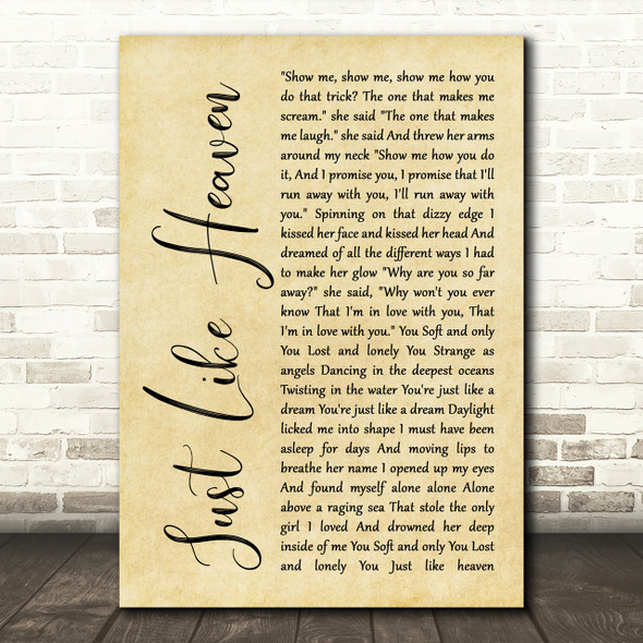 The Cure Just Like Heaven Rustic Script Song Lyric Print