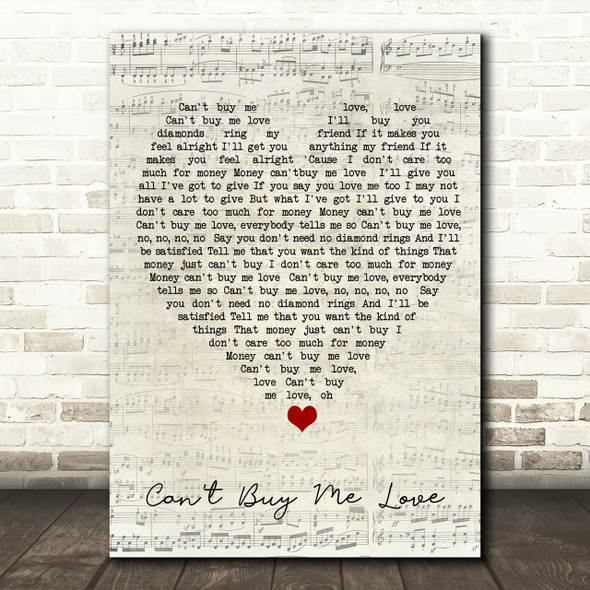 Can't Buy Me Love The Beatles Script Heart Song Lyric Print