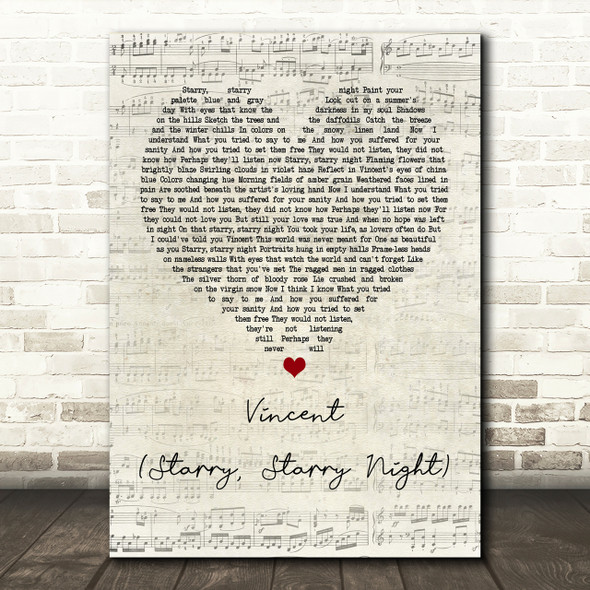Don McLean Vincent (Starry, Starry Night) Script Heart Song Lyric Print