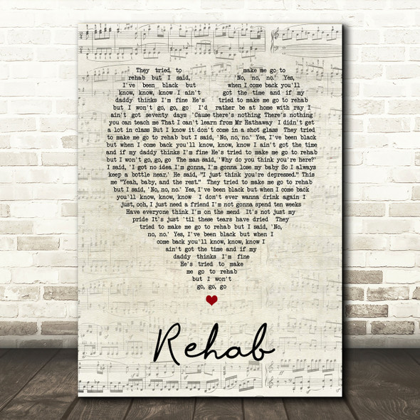 Rehab Amy Winehouse Script Heart Song Lyric Print