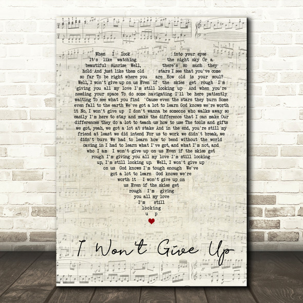 I Won't Give Up Jason Mraz Script Heart Song Lyric Print