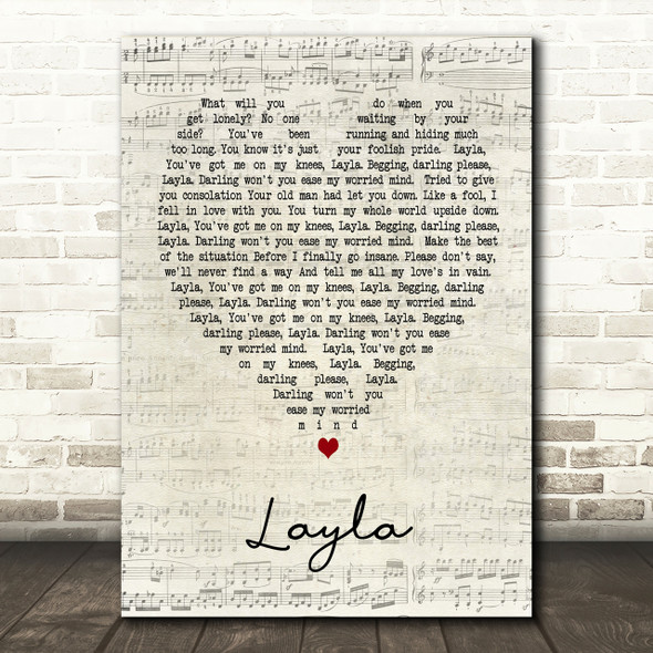 Layla Eric Clapton Script Heart Song Lyric Print