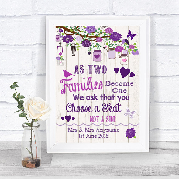 Purple Rustic Wood As Families Become One Seating Plan Personalized Wedding Sign