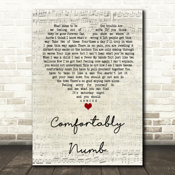 Pink Floyd Comfortably Numb Script Heart Song Lyric Print