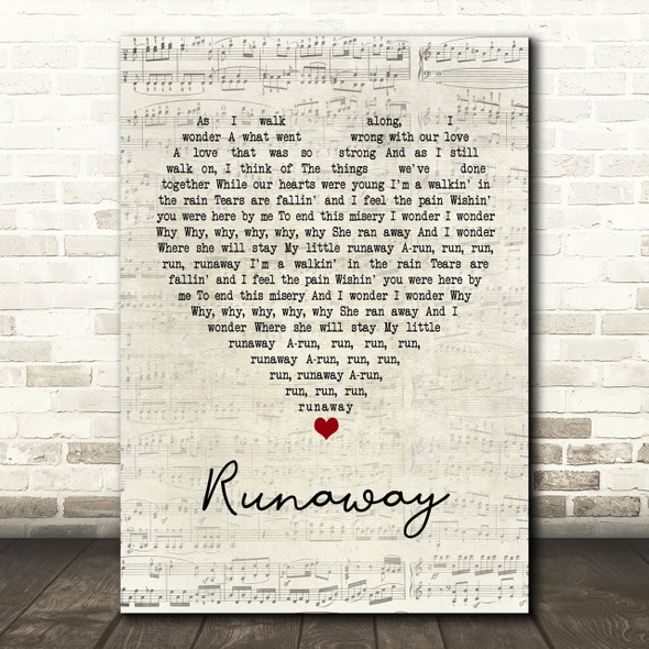 Del Shannon Runaway Script Heart Song Lyric Print