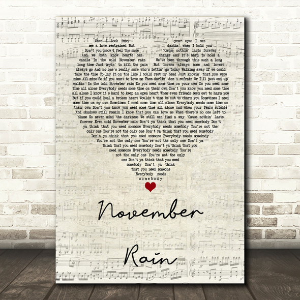 Guns N' Roses November Rain Script Heart Song Lyric Print