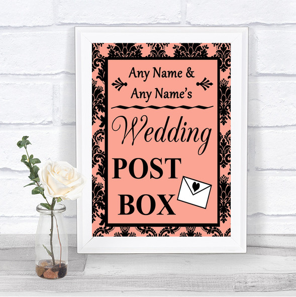 Coral Damask Card Post Box Personalized Wedding Sign