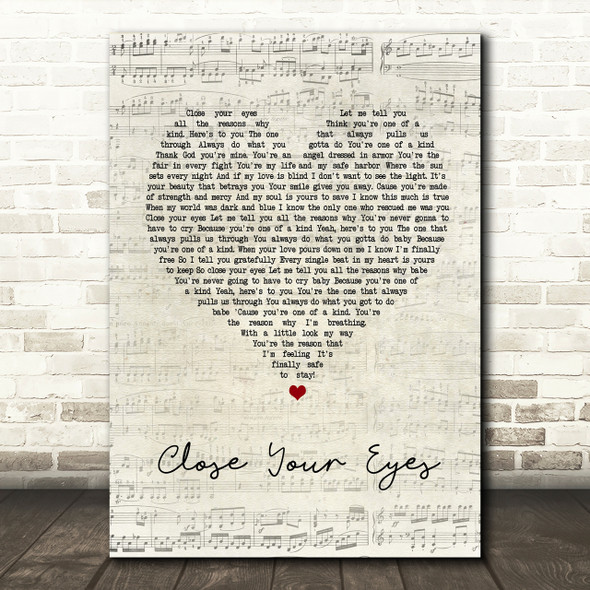 Michael Buble Close Your Eyes Script Heart Song Lyric Print