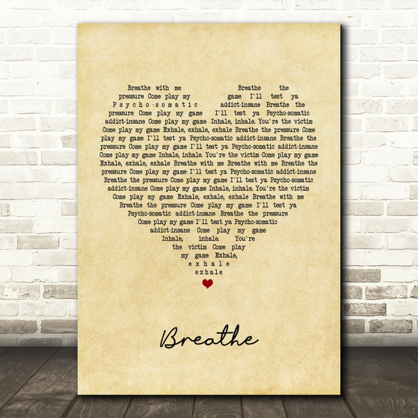 The Prodigy Breathe Vintage Heart Song Lyric Print