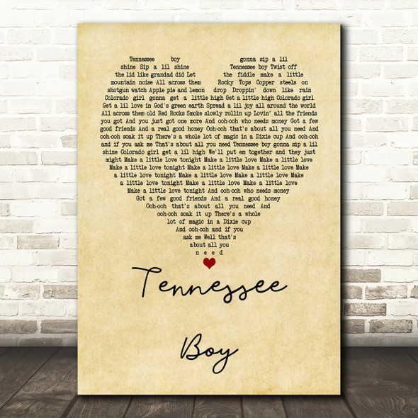 Kip Moore Tennessee Boy Vintage Heart Song Lyric Print