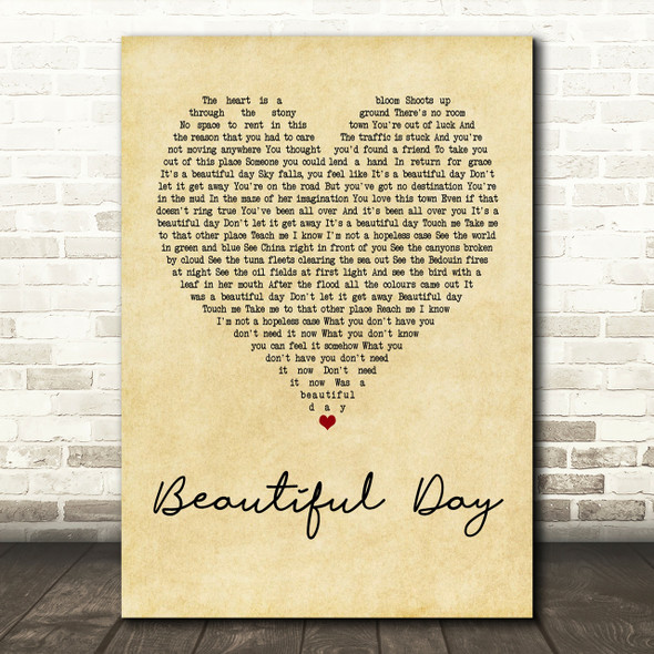 U2 Beautiful Day Vintage Heart Song Lyric Print