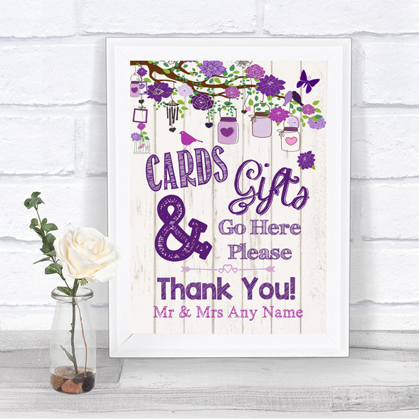 Purple Rustic Wood Cards & Gifts Table Personalized Wedding Sign