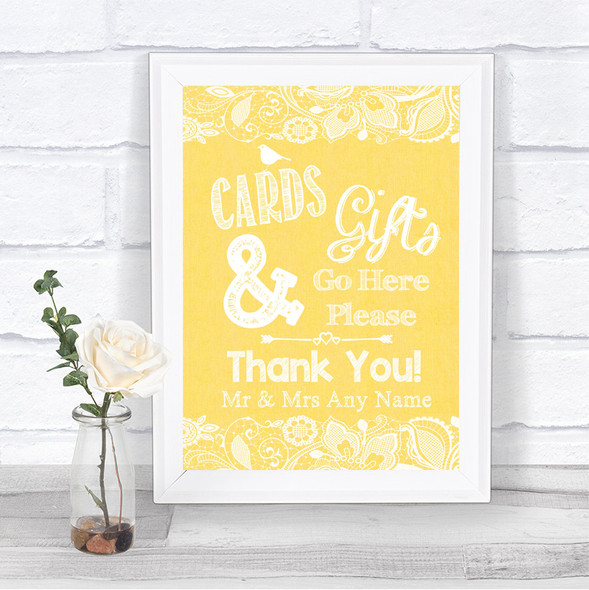 Yellow Burlap & Lace Cards & Gifts Table Personalized Wedding Sign