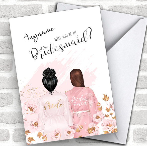 Black Curly Hair Up Brown Swept Hair Will You Be My Bridesmaid Personalized Wedding Greetings Card