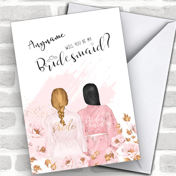 Blond Plaited Hair Black Swept Hair Will You Be My Bridesmaid Personalized Wedding Greetings Card