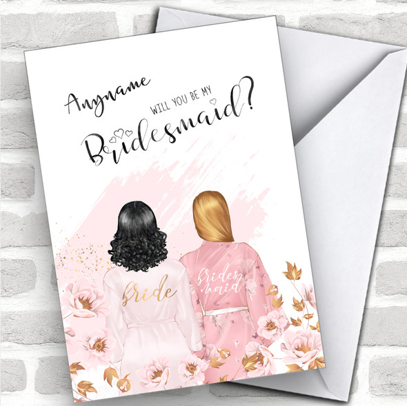 Black Curly Hair & Blond Swept Hair Will You Be My Bridesmaid Personalized Wedding Greetings Card