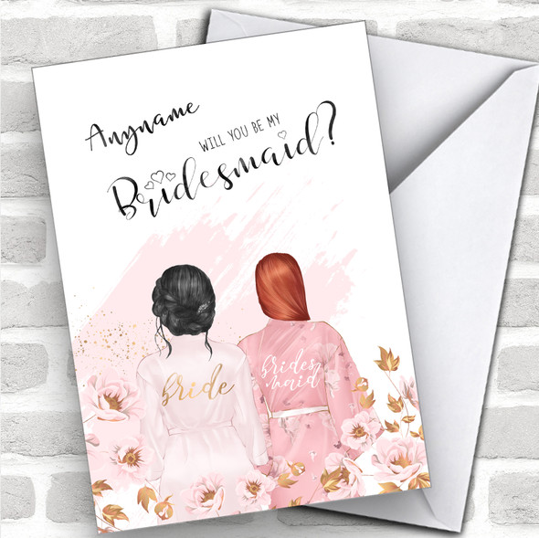 Black Hair Up & Ginger Swept Hair Will You Be My Bridesmaid Personalized Wedding Greetings Card