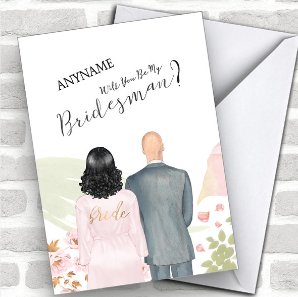 Black Curly Hair Bald White Will You Be My Bridesman Personalized Wedding Greetings Card