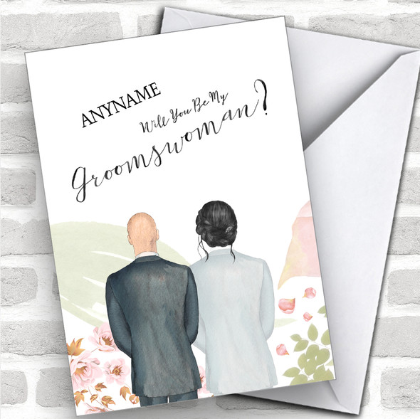 Bald White Black Hair Up Will You Be My Groomswoman Personalized Wedding Greetings Card