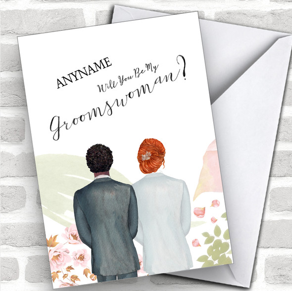 Curly Black Hair Ginger Hair Up Will You Be My Groomswoman Personalized Wedding Greetings Card