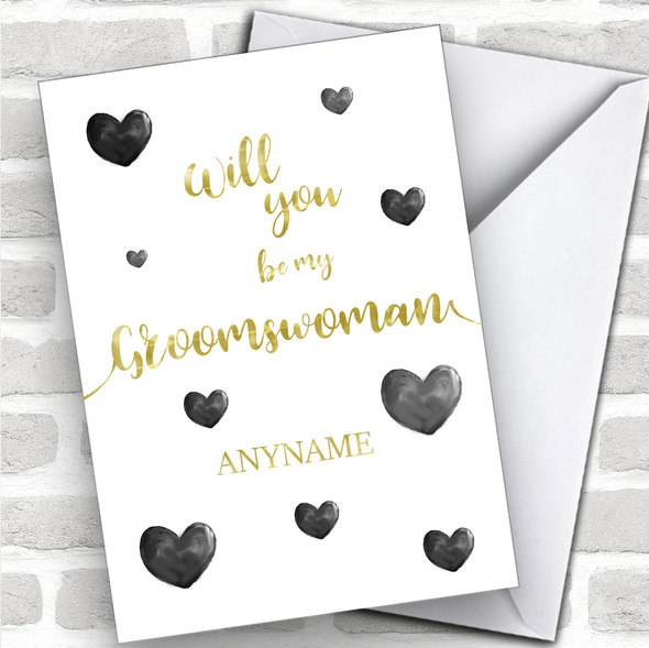 Black Painted Hearts Will You Be My Groomswoman Personalized Wedding Greetings Card