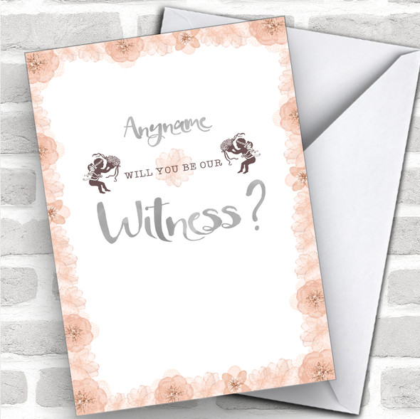 Cherub Floral Will You Be My Witness Personalized Wedding Greetings Card
