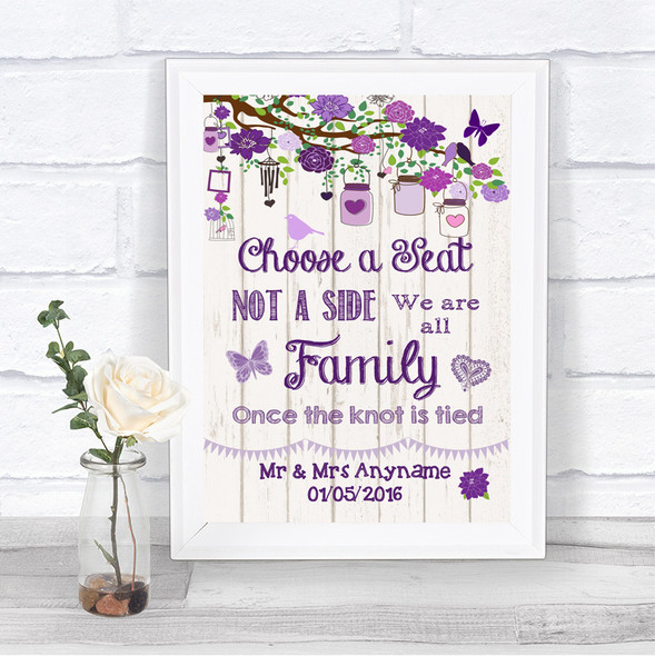 Purple Rustic Wood Choose A Seat We Are All Family Personalized Wedding Sign