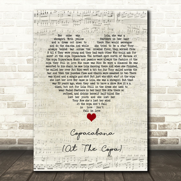 Barry Manilow Copacabana (At The Copa) Script Heart Song Lyric Music Print