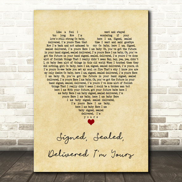 Stevie Wonder Signed, Sealed, Delivered I'm Yours Vintage Heart Song Lyric Music Print