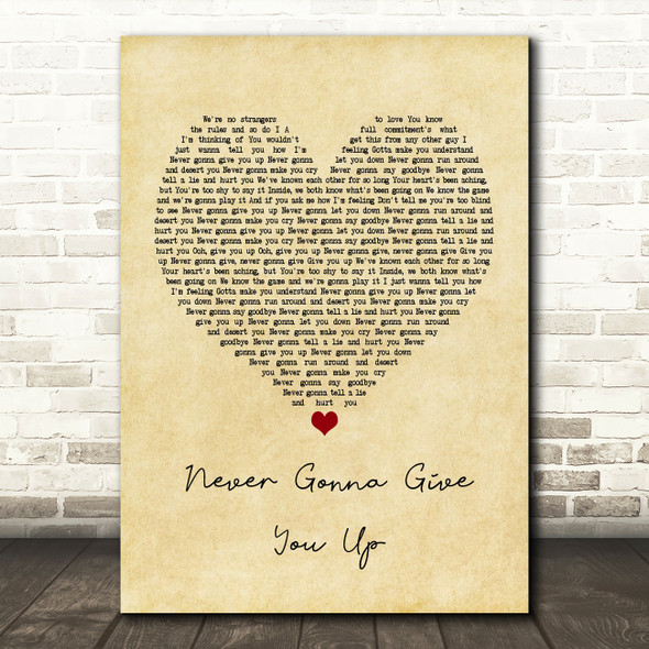 Rick Astley Never Gonna Give You Up Vintage Heart Song Lyric Music Print