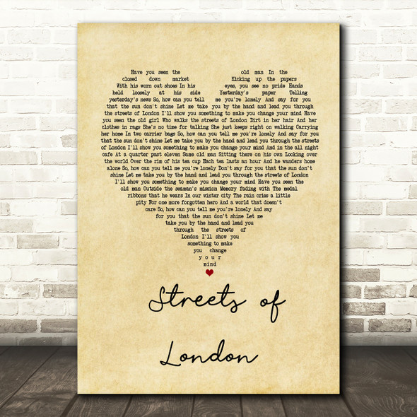 STREETS OF LONDON Vintage Heart Song Lyric Music Print
