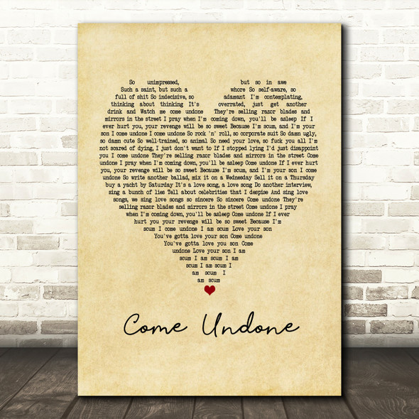 Robbie Williams Come Undone Vintage Heart Song Lyric Music Print