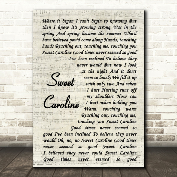 Neil Diamond Sweet Caroline Vintage Script Song Lyric Music Print