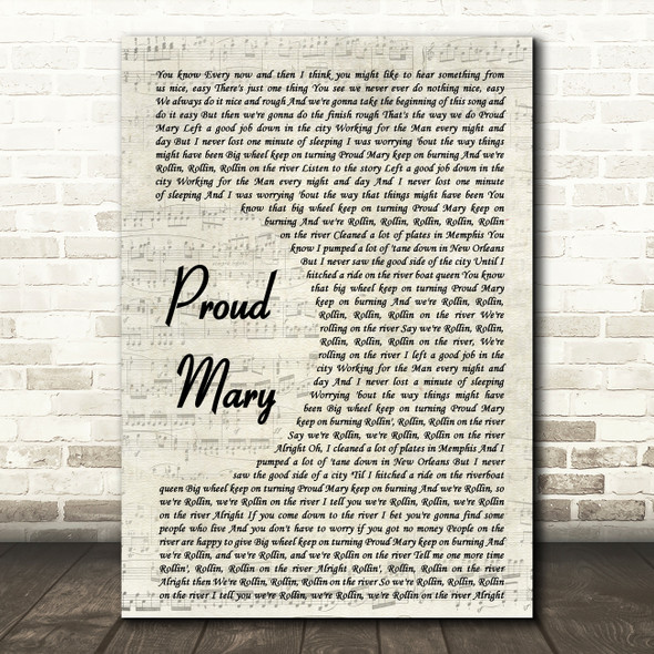 Tina Turner Proud Mary Vintage Script Song Lyric Music Print