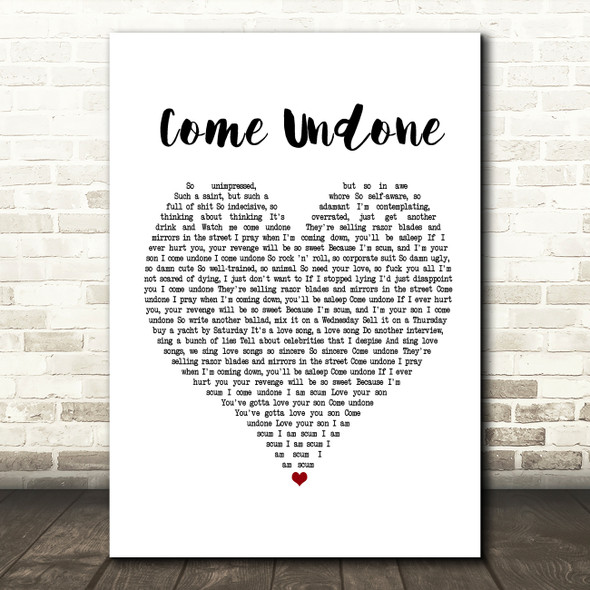 Robbie Williams Come Undone White Heart Song Lyric Music Print