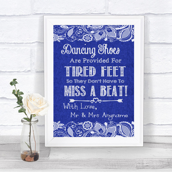 Navy Blue Burlap & Lace Dancing Shoes Flip-Flop Tired Feet Wedding Sign