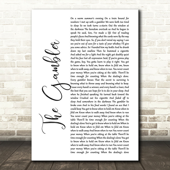 Kenny Rogers The Gambler White Script Song Lyric Music Print