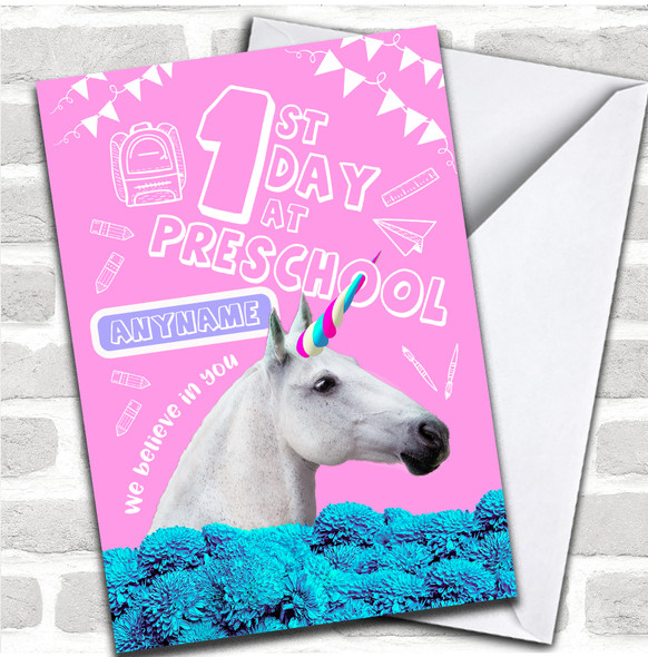 Crazy Horse Unicorn First Day At Preschool Good Luck Personalized Card