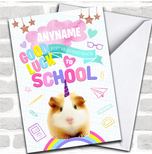 Cute Unicorn Hamster Going Back To School Good Luck Personalized Card