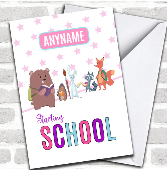 Starting School Pink Stars Animals Good Luck Personalized Card