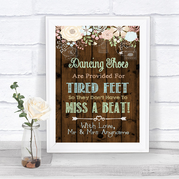 Rustic Floral Wood Dancing Shoes Flip-Flop Tired Feet Personalized Wedding Sign