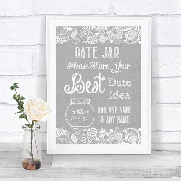 Grey Burlap & Lace Date Jar Guestbook Personalized Wedding Sign
