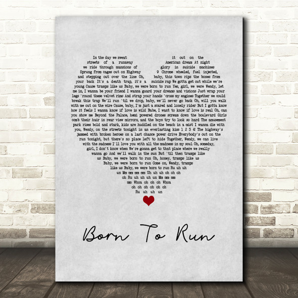 Bruce Springsteen Born To Run Grey Heart Song Lyric Music Print