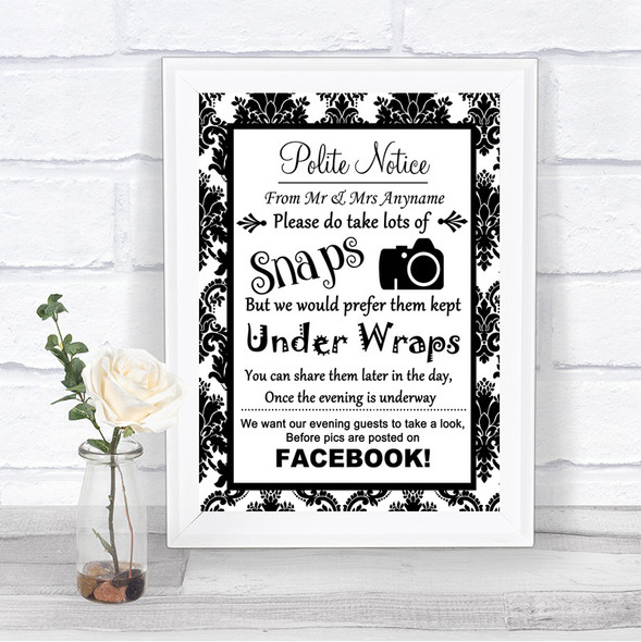 Black & White Damask Don't Post Photos Facebook Personalized Wedding Sign