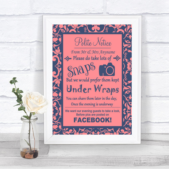 Coral Pink & Blue Don't Post Photos Facebook Personalized Wedding Sign