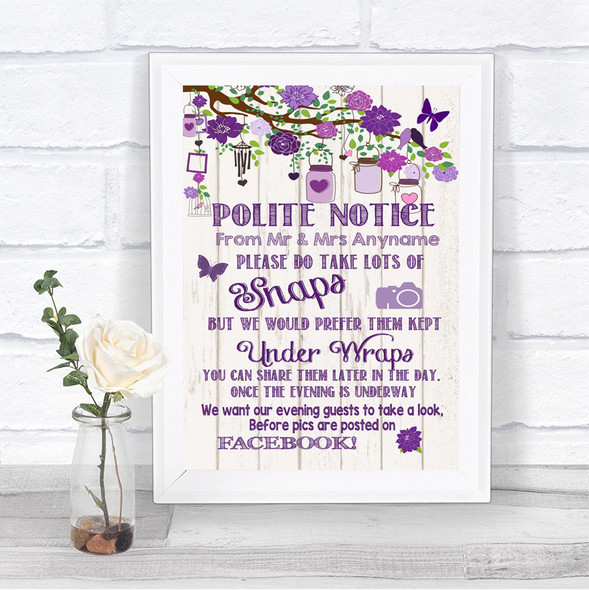 Purple Rustic Wood Don't Post Photos Facebook Personalized Wedding Sign