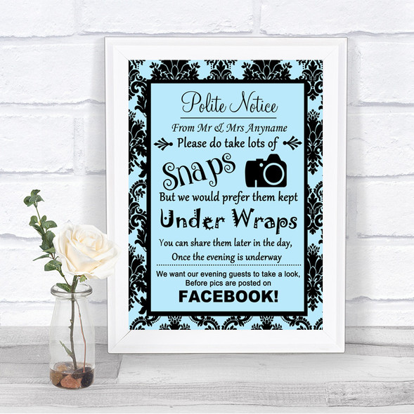 Sky Blue Damask Don't Post Photos Facebook Personalized Wedding Sign