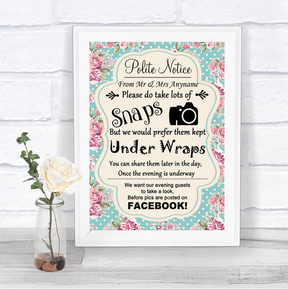 Vintage Shabby Chic Rose Don't Post Photos Facebook Personalized Wedding Sign