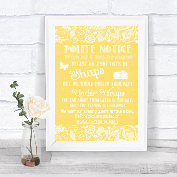 Yellow Burlap & Lace Don't Post Photos Facebook Personalized Wedding Sign