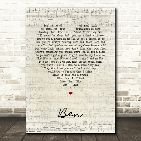 Michael Jackson Ben Script Heart Song Lyric Music Print